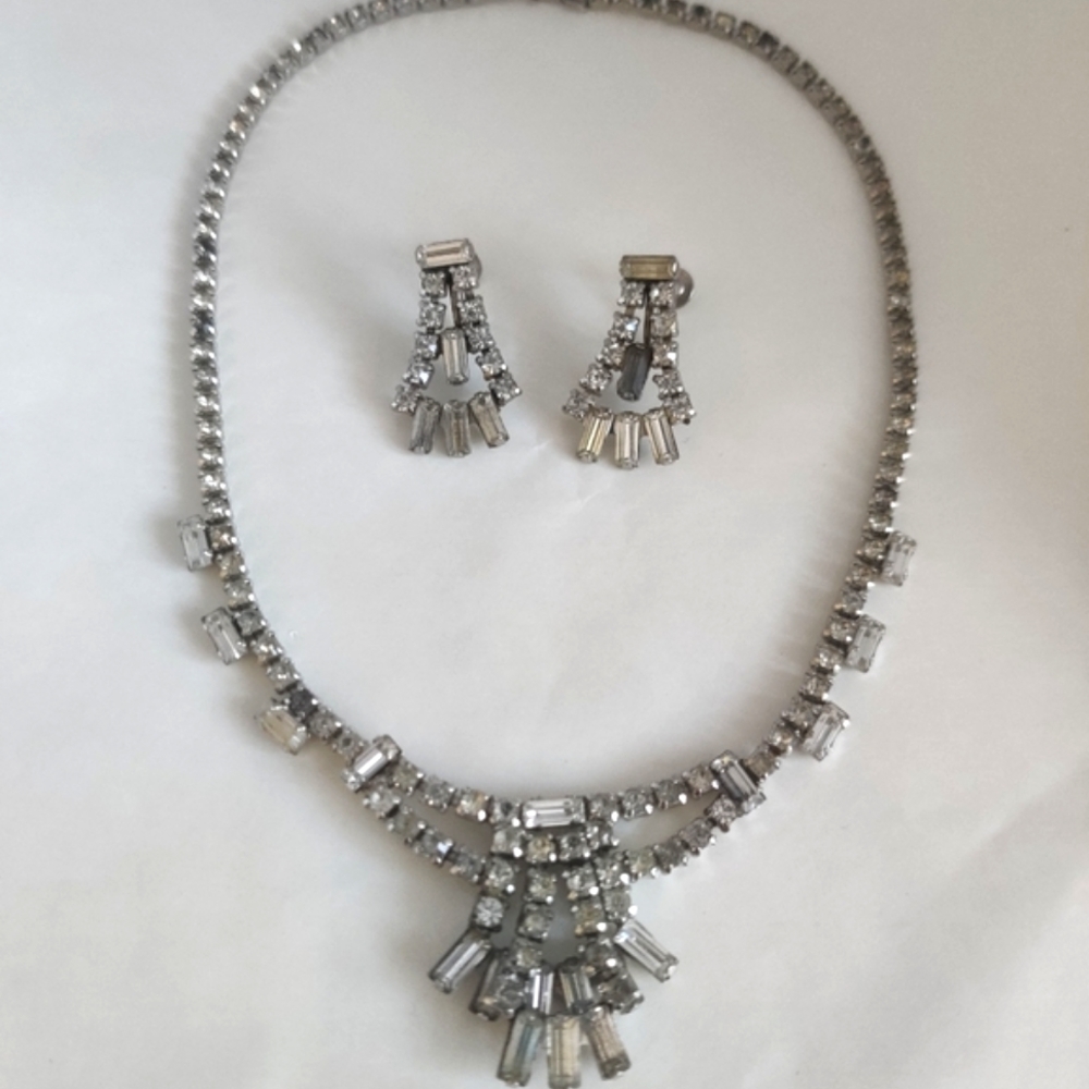 Vtg 40s Bridal Prom Art Deco crystal jewelry set
